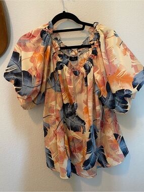 Tropical Off-Shoulder Blouse in Peach, Navy & Cream